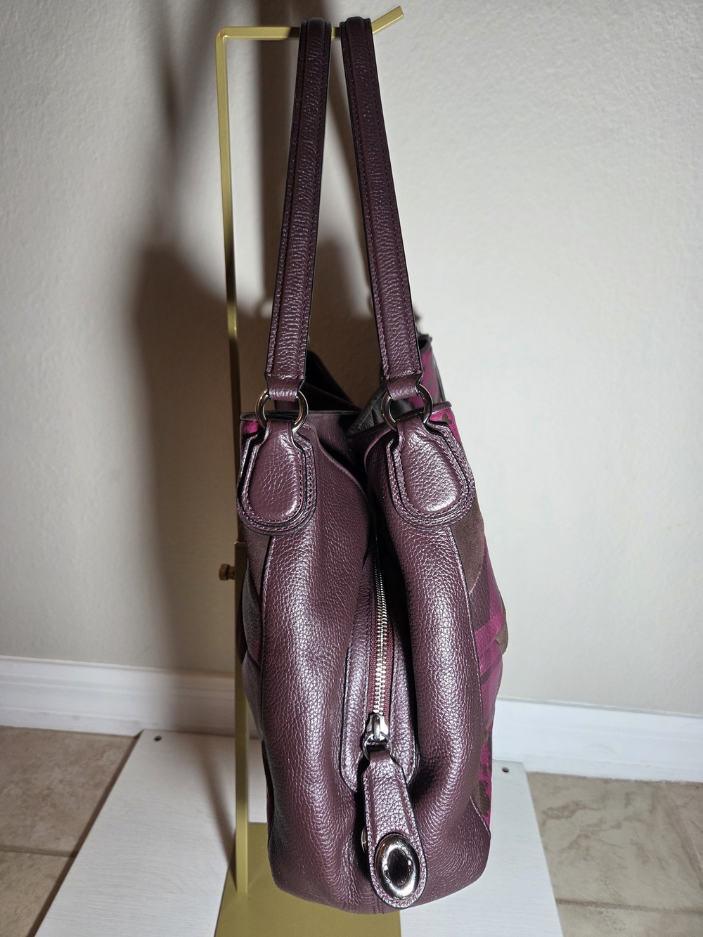 Coach Oxblood Patchwork Floral Print Edie Turn Lock Leather/Suede Shoulder Bag - Picture 4 of 8